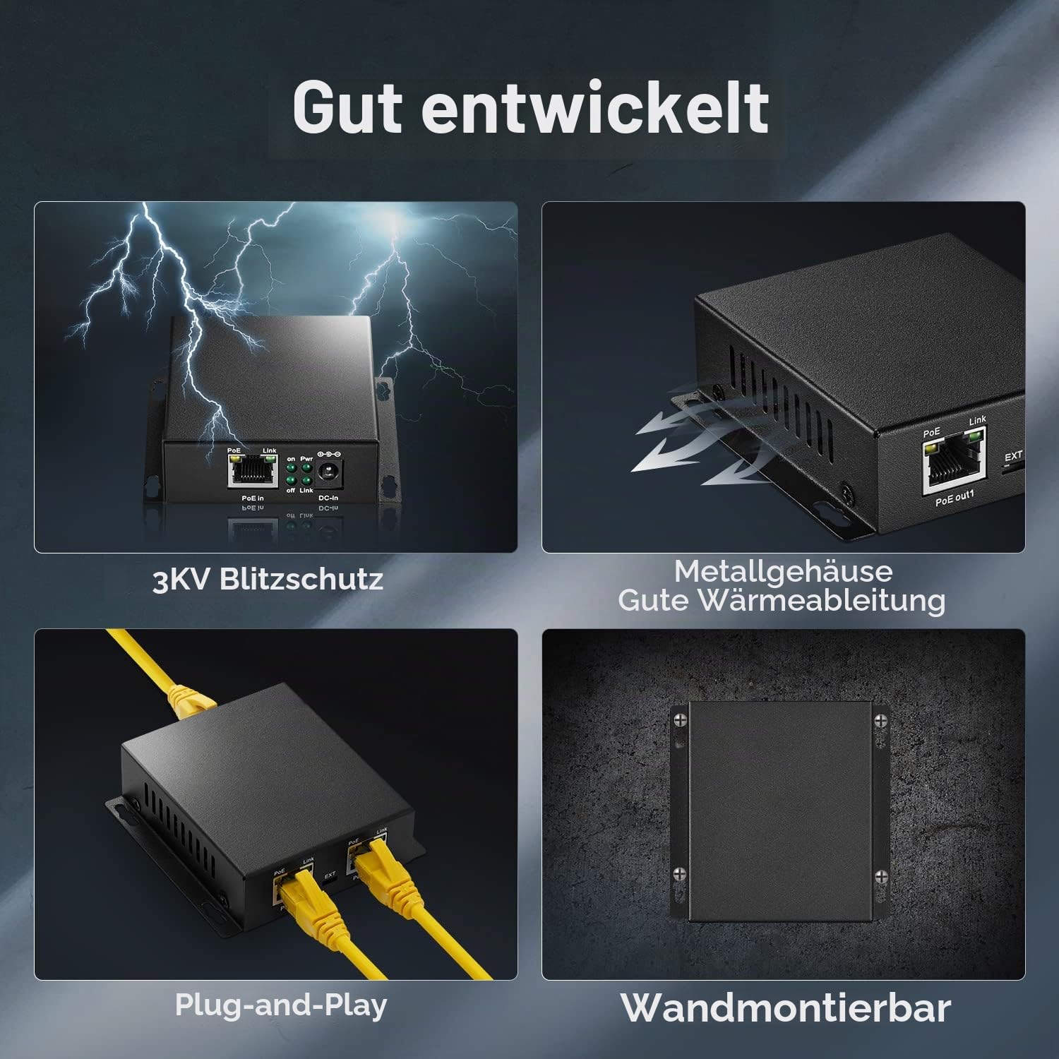 Gigabit PoE Extender, 1 PoE in 2 PoE Out, IEEE802.3af/at PoE Powered, 10/100/1000Mbps Ethernet, Metal Small Wall Mount PoE Extender/Injektor/Netzwerk Extender