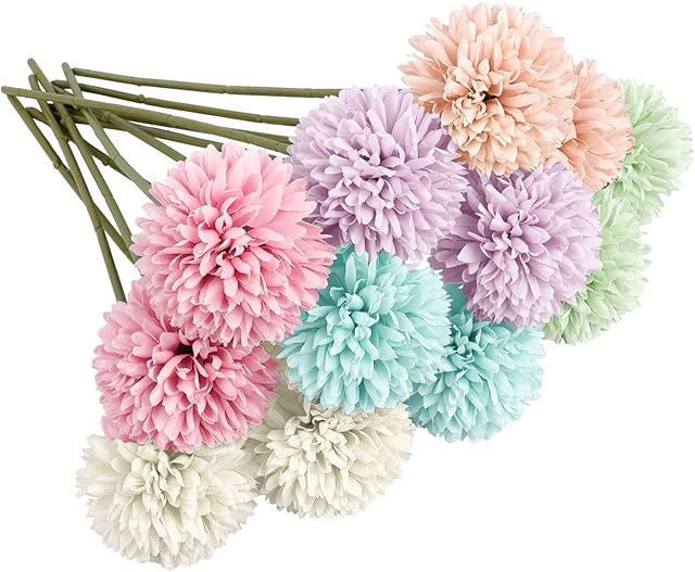 Aoleytech 12pcs Artificial Chrysanthemum Balls, Artificial Hydrangea Bouquet, Silk Fake Chrysanthemum Plants for Indoor, Outdoor, Garden, Flower Arrangement, Home Decor - (Multicolor)