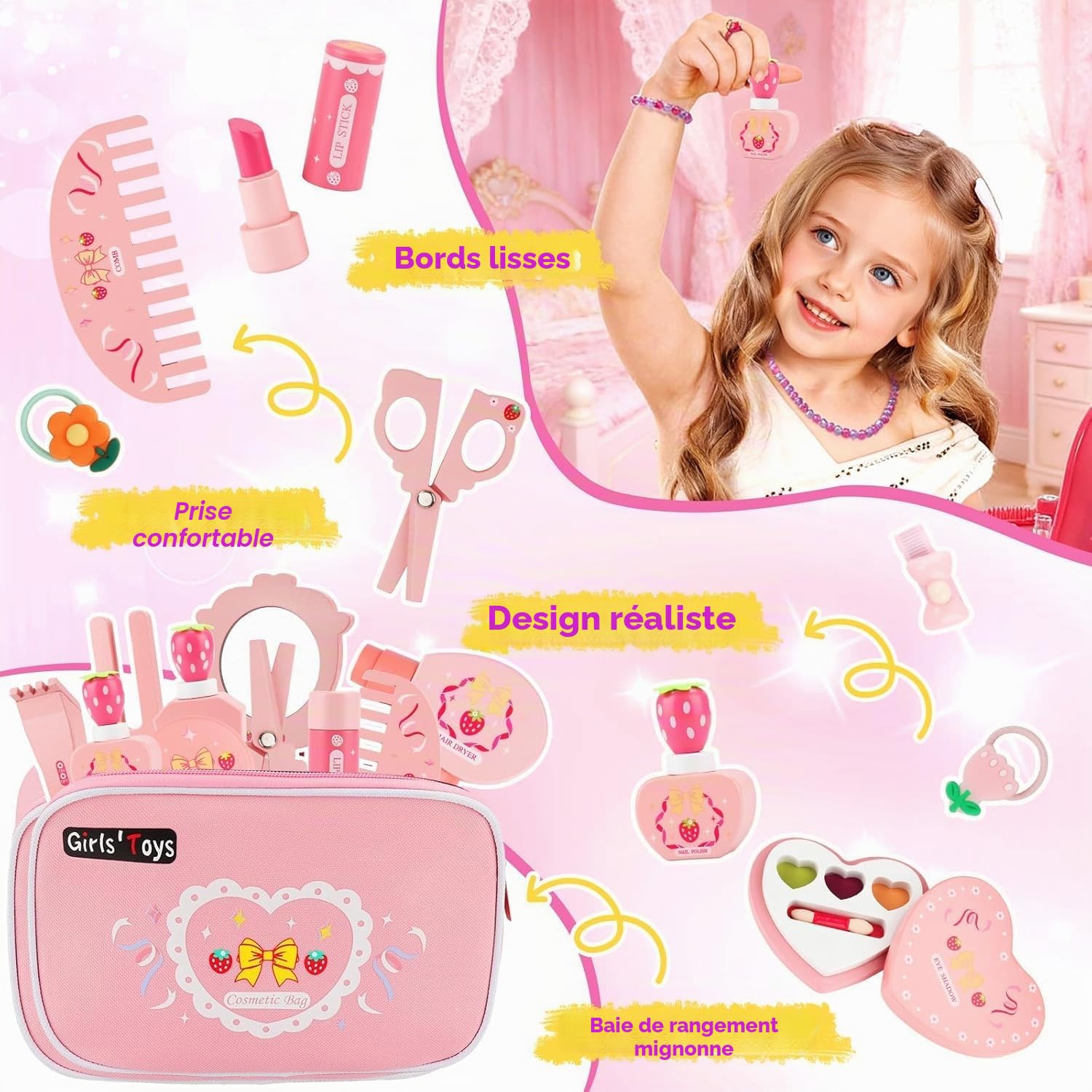 Maquillage Enfant Fille en Bois,Maquillage Bois Enfant Maquillage Enfants en Boises,Maquillage pour Filles,Faux Coffret Jouet,Trousse de Maquillages Cadeau d'anniversaire pour Filles 3+ Ans