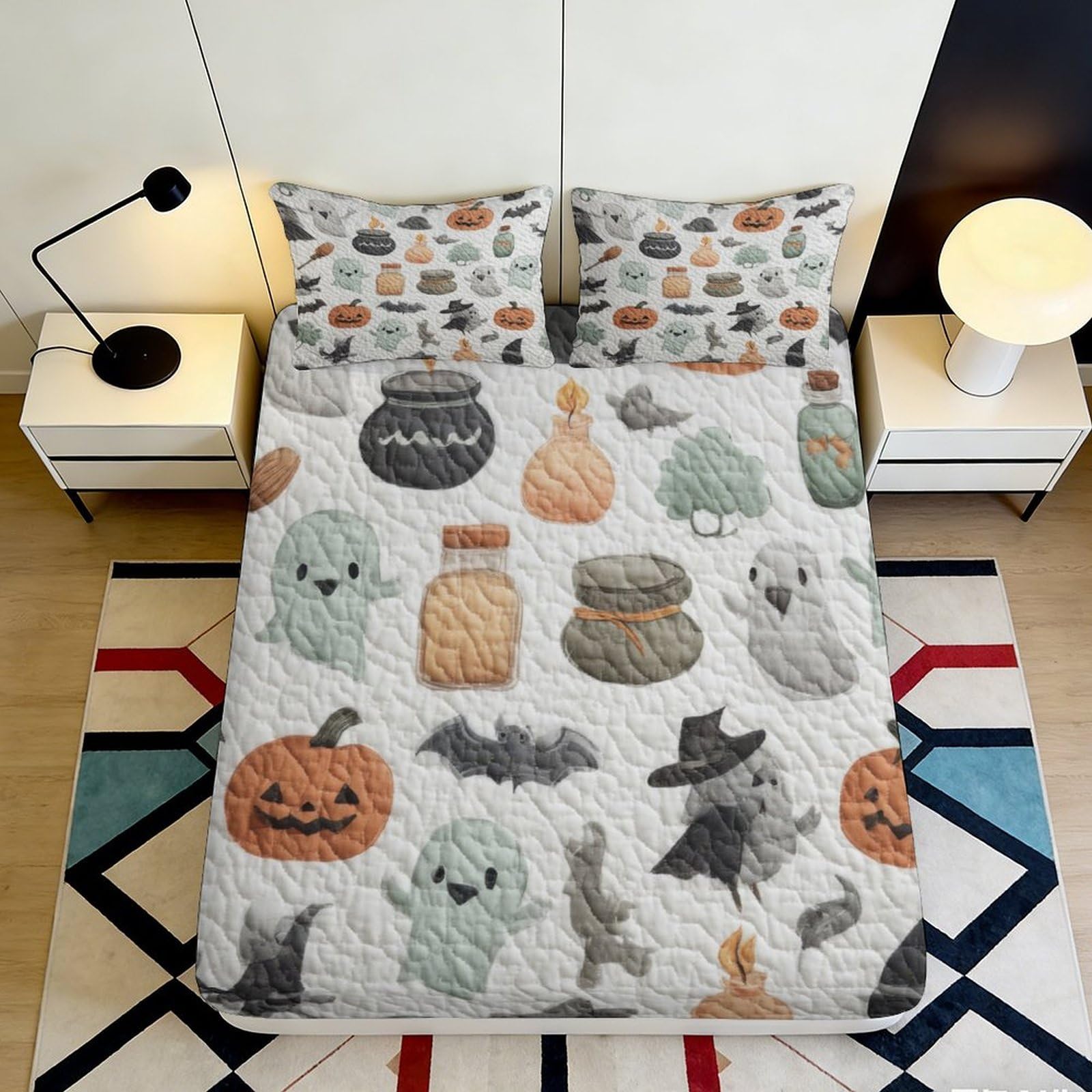 3D Printed Halloween Ghost Fitted Sheet Microfiber Soft Pumpkin Bat Bed Cover for Bedroom Dorm Easy Care 140x200x25cm