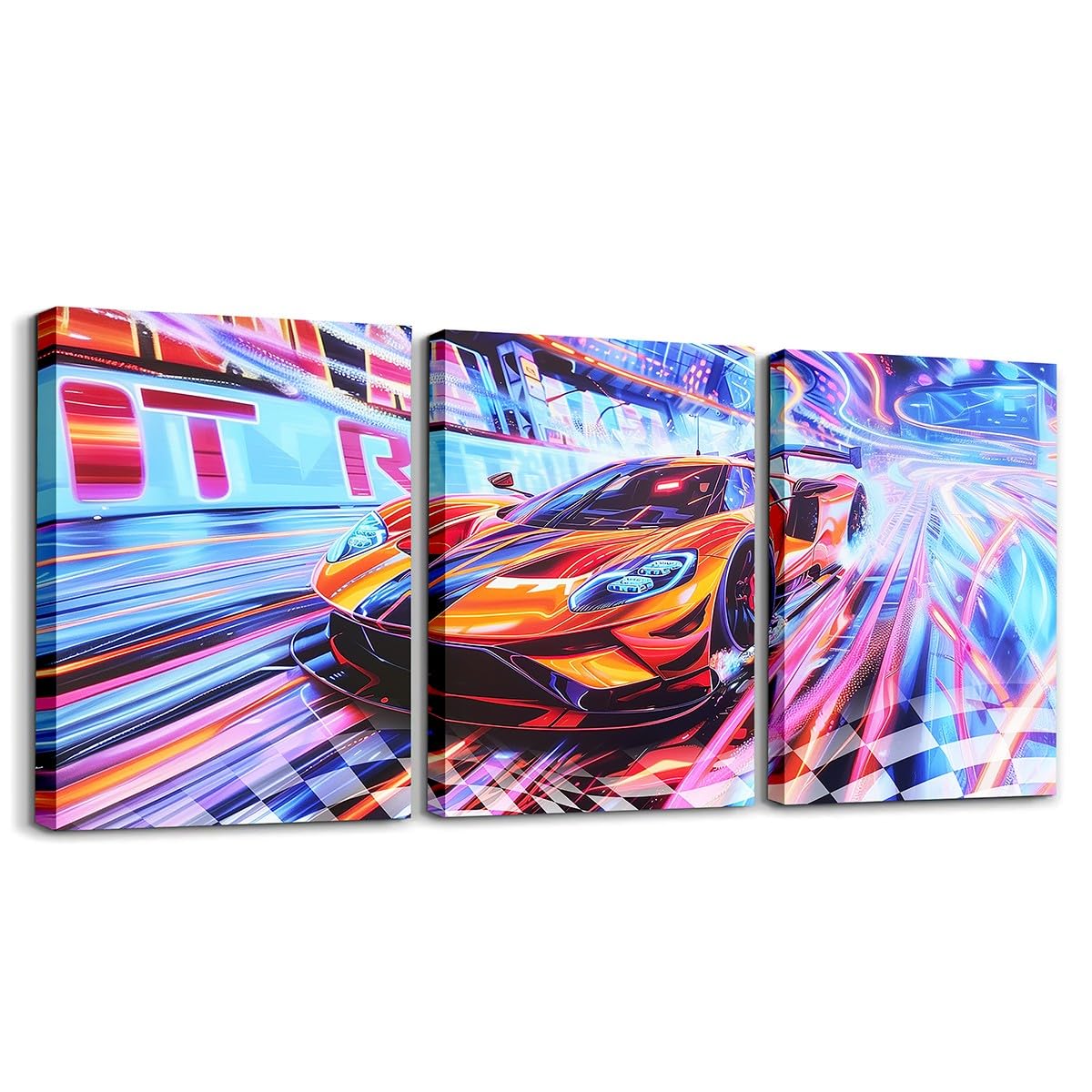 Juego de 3 lienzos para pared de coches de carreras para niños, adolescentes, juegos de carreras de autos de ciencia ficción de neón, impresión de póster de cuadrícula a cuadros en blanco y negro