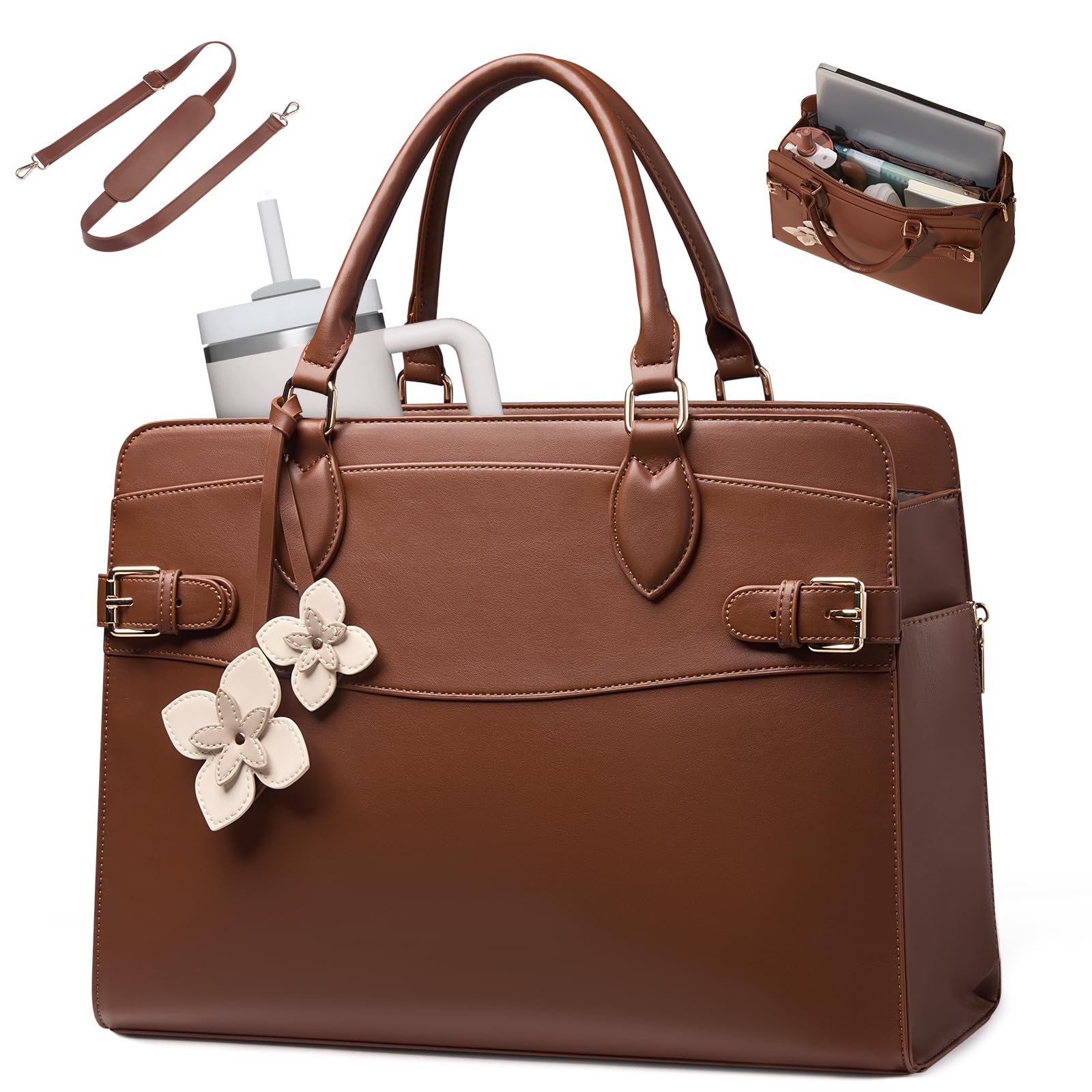 LOVEVOOK Handtasche Damen, 15,6 Zoll Laptoptasche Arbeitstasche Elegant | Schultertasche Shopper Uni Tasche Groß, PU Leder Tote Bag Aktentasche Lehrertasche für Business Schule Büro Arbeit, Bronze