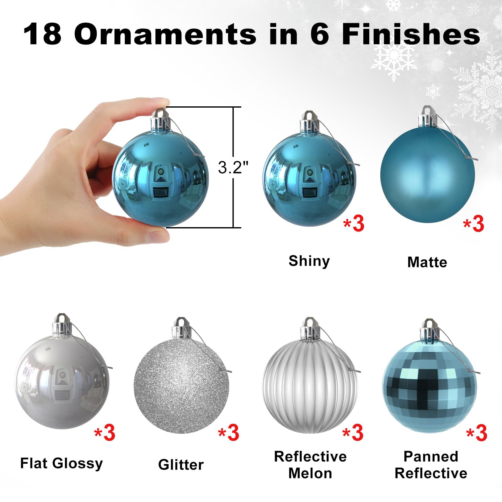 Lot de 18 grandes boules de Noël incassables à suspendre pour anniversaire, Halloween, vacances, mariage (8,1 cm, bleu layette/argenté)