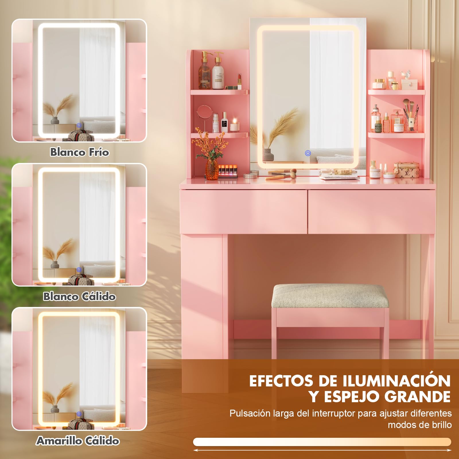 Devoko Tocador de Maquillaje con Taburete y Luces LED, Brillo Ajustable, Mesa de Maquillaje con Espejo, con 2 Cajones Grandes y 4 Estantes Abiertos y Taquilla Lateral, Vanity Moderno, Rosa