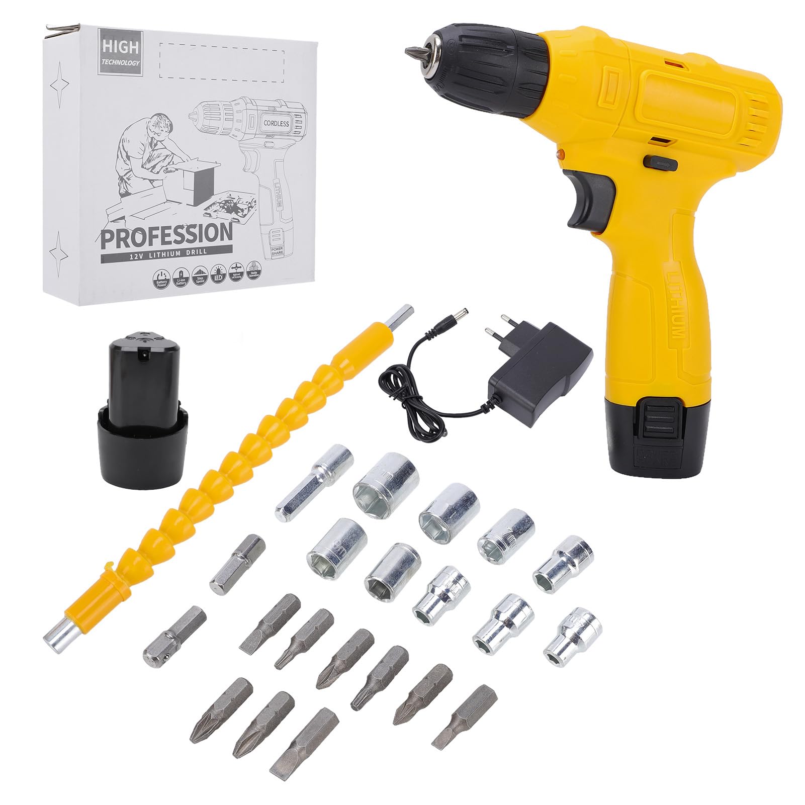 YWBL-WH Set Trapano Avvitatore a Batteria 12V Trapano Elettrico con Caricatore Mandrino Da 3/8 Pollici Da 0 a 600 Giri/min Coppia di 15 Nm Luce a LED Impugnatura Ergonomica per Assemblaggio di