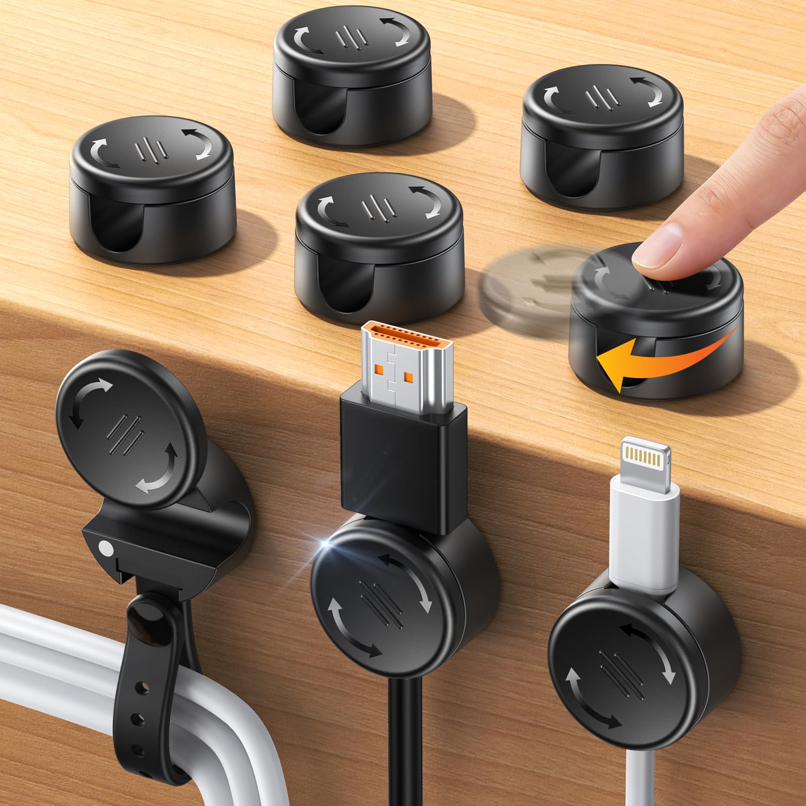 EOIWUY 8 Pack Cable Clips with Silicone Cable Ties, [2 in 1] Magnetic Phone Charging Cable Holder Management [Smooth Adjustable & 1s Lock], Self Adhesive Cable Tidy Clips Wire Organiser for Car, Home