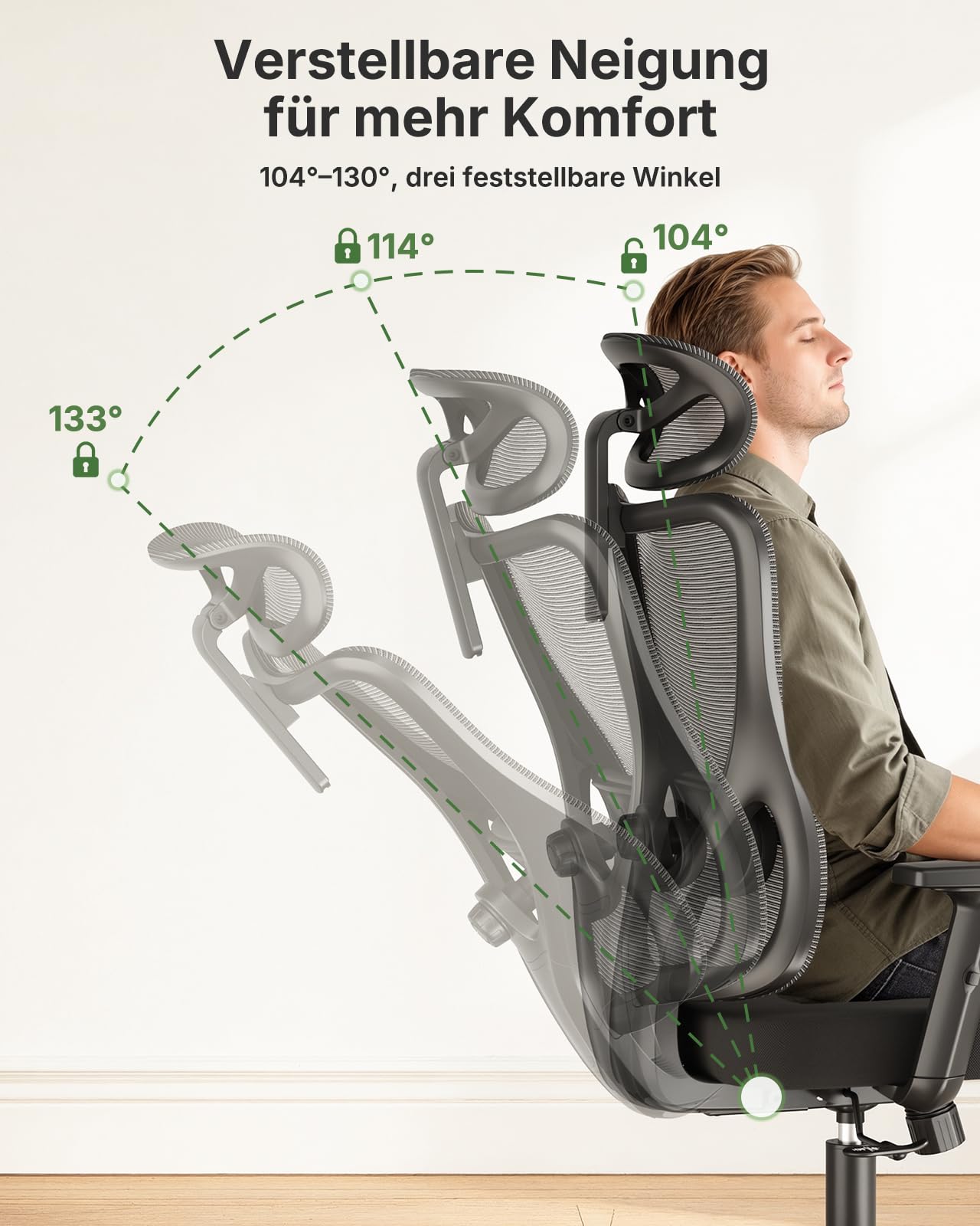 Marsail Ergonomischer Bürostuhl, Schreibtischstuhl mit Verstellbarer gepolsterter Lendenwirbelstütze, 2D-Kopfstütze und Armlehnen, konturiertem Sitzkissen, 104°–130° arretierbarem Wippmechanismus