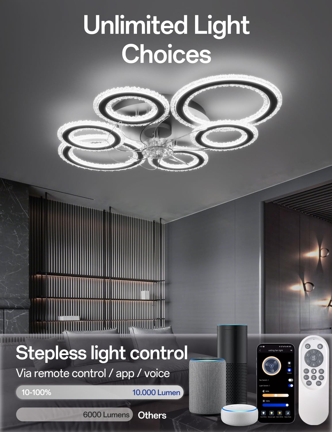 Deckenventilator mit Beleuchtung Smart und Dimmbar, Alexa & App Steuerung via Bluetooth (Kein WLAN), 6 Ring Deckenlampe mit Ventilator und Fernbedienung für Wohnzimmer, Schlafzimmer, Schwarz
