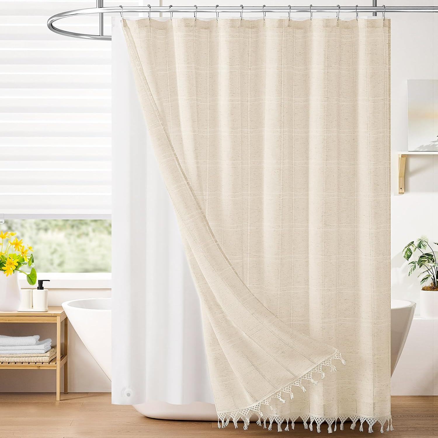 Long Boho Farmhouse Shower Curtain Set with Tassel, Modern Bohemian French Country Chic Bathroom Shower Curtain Set with PEVA Liner, Linen Fabric Shower Curtain 72×78 – Beige/Cream Long Boho Farmhouse Shower Curtain Set with Tassel, Modern Bohemian French Country Chic Bathroom Shower Curtain Set with PEVA Liner, Linen Fabric Shower Curtain 72×78 – Beige/Cream