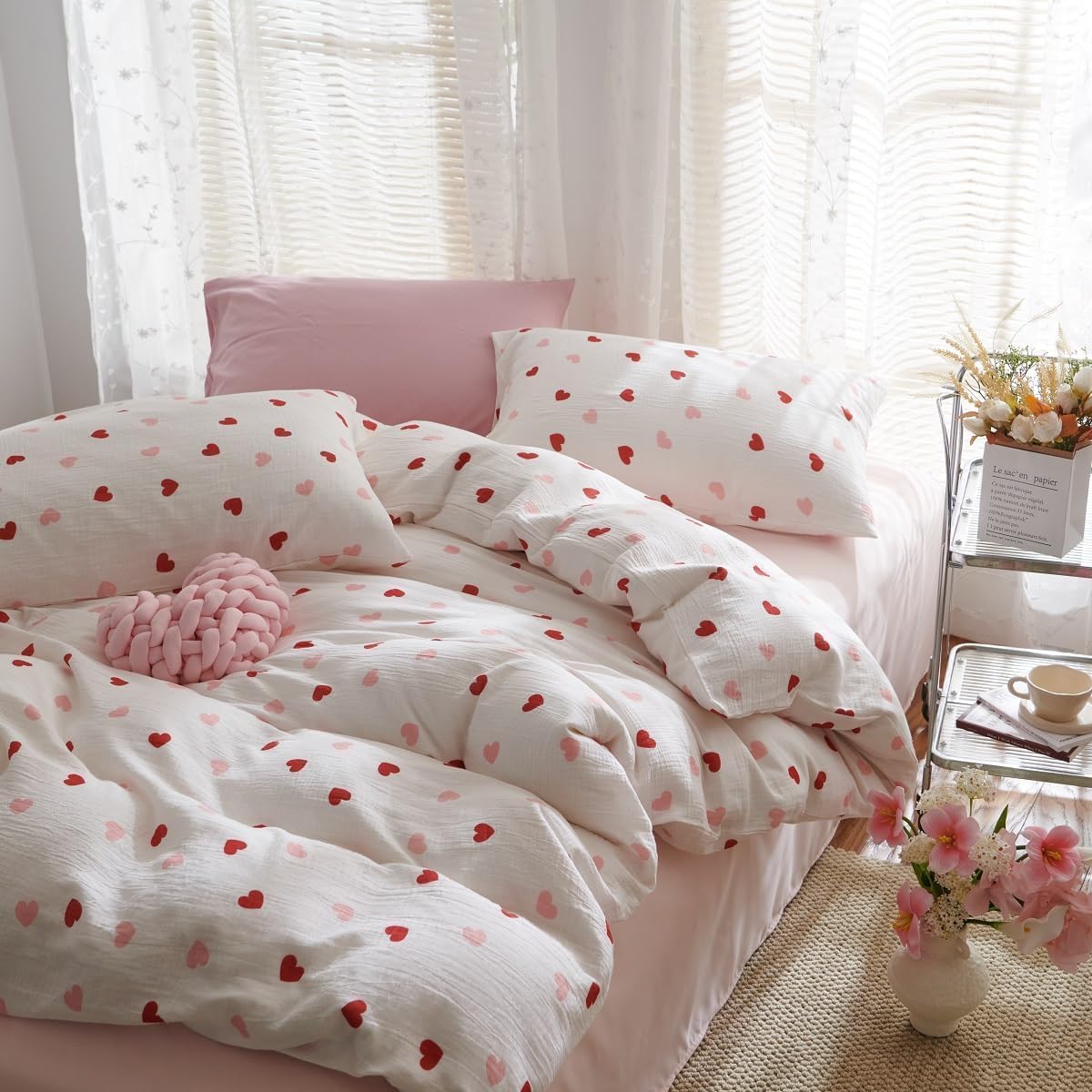 Heart Comforter Set Queen Size 3 Pieces Red Pink Heart Comforter Bedding Sets for Girls Kids Cute Love Hearts Bed in A Bag Bedding with 2 Pillowcases for All Seasons