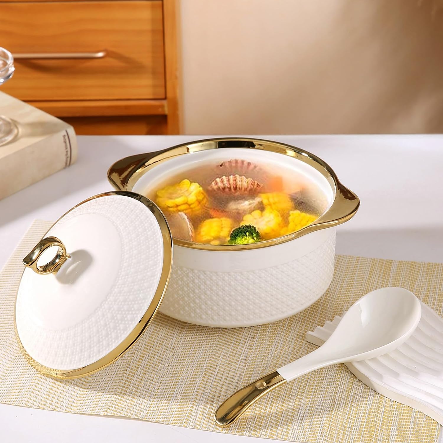 Ceramic Soup Tureen with Lid and Ladle Set,Large Capacity Ceramic Serving Soup Bowl,Porcelain Serving Soup Tureen for Restaurant Home Kitchen Decoration,A Soup Bowl