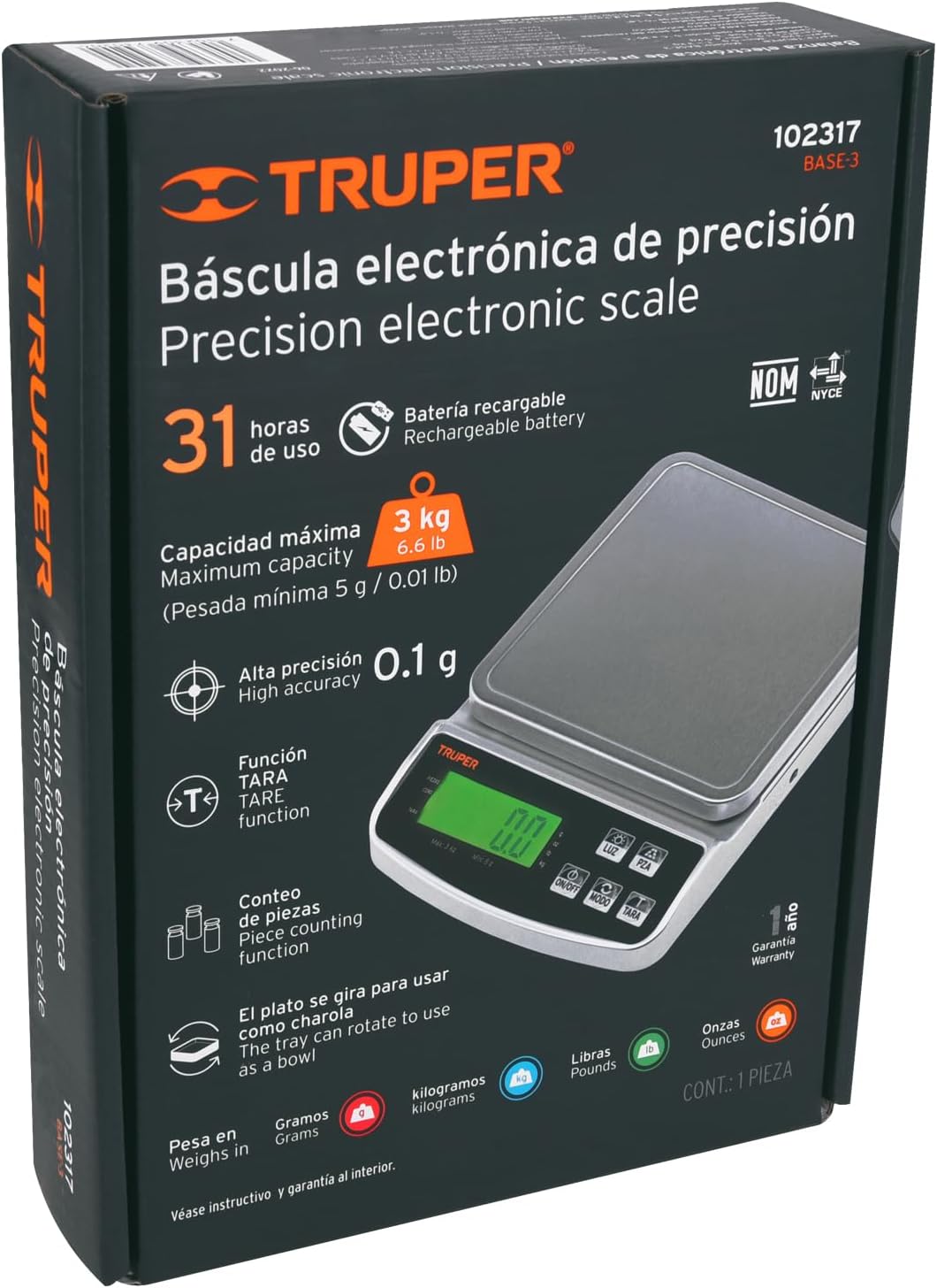 Truper BASE-3 Digital Precision Scale packaging box showing product details and warranty information.