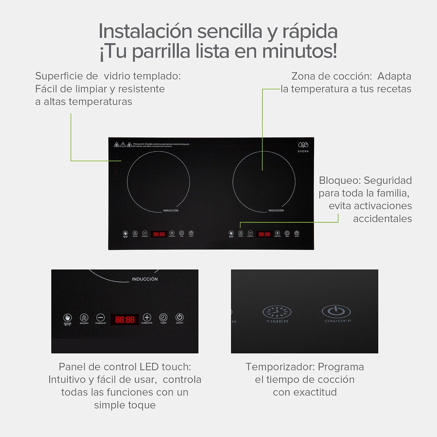 Close-up of the AVERA PIV2 induction cooktop's touch control panel, showing buttons for power, temperature adjustment, timer, and child lock.