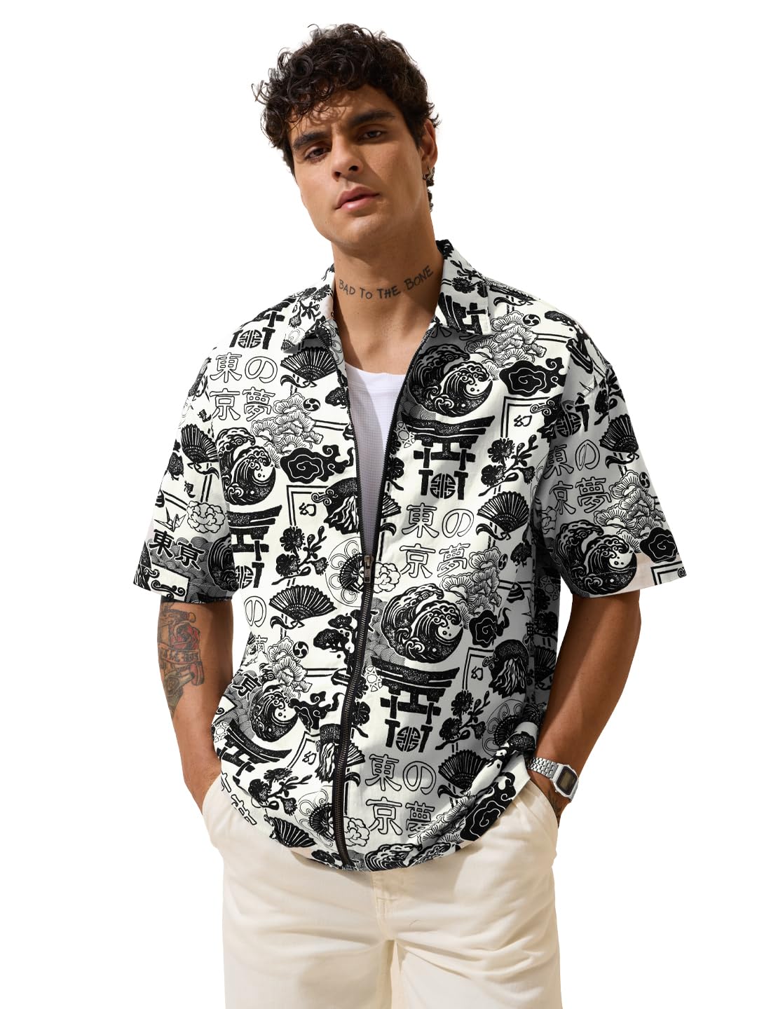the souled store Zipper Shirt: Tokyo Dreams Men and Boys Short Sleeve Spread Collar White All Over Printed Casual Lightweight Drop Shoulder Streetwear Trendy Cotton Oversized Shirt-picture-24