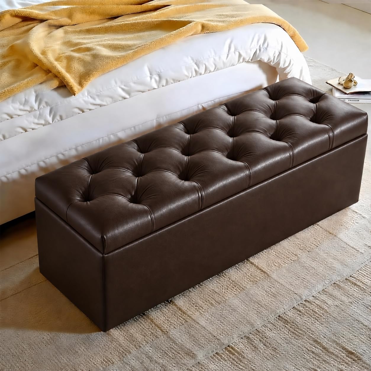 Harveys 116L Velvet Chesterfield Ottoman, Buttoned Diamond, Brown Leather — image 1