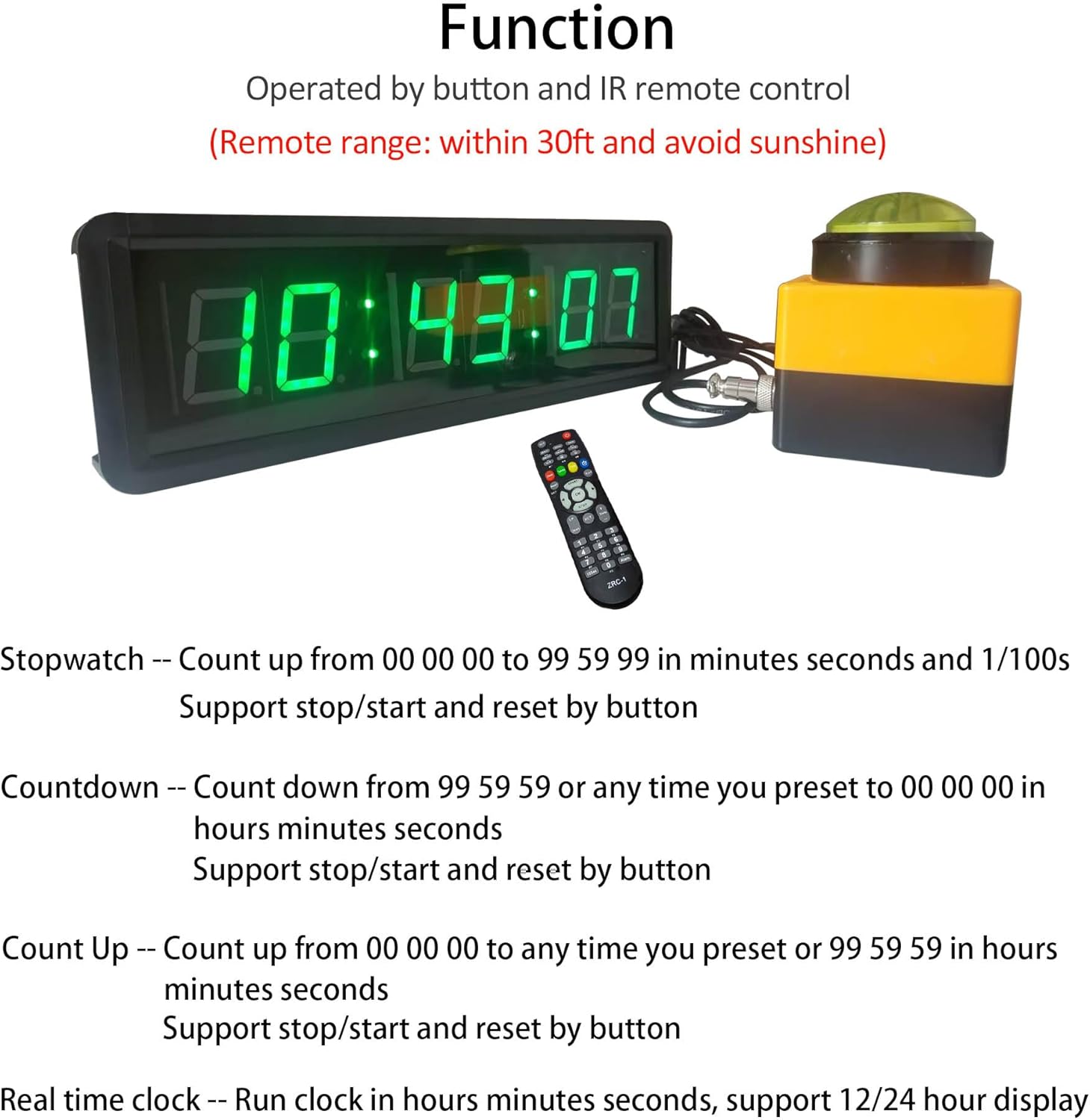 Countdown Timer Clock, Large Stopwatch with Tap Button, Support Count Up & Real Time Function, Ideal for Indoor Games & Sports, Wall Mount/Tabletop, 13.4x3.7in.