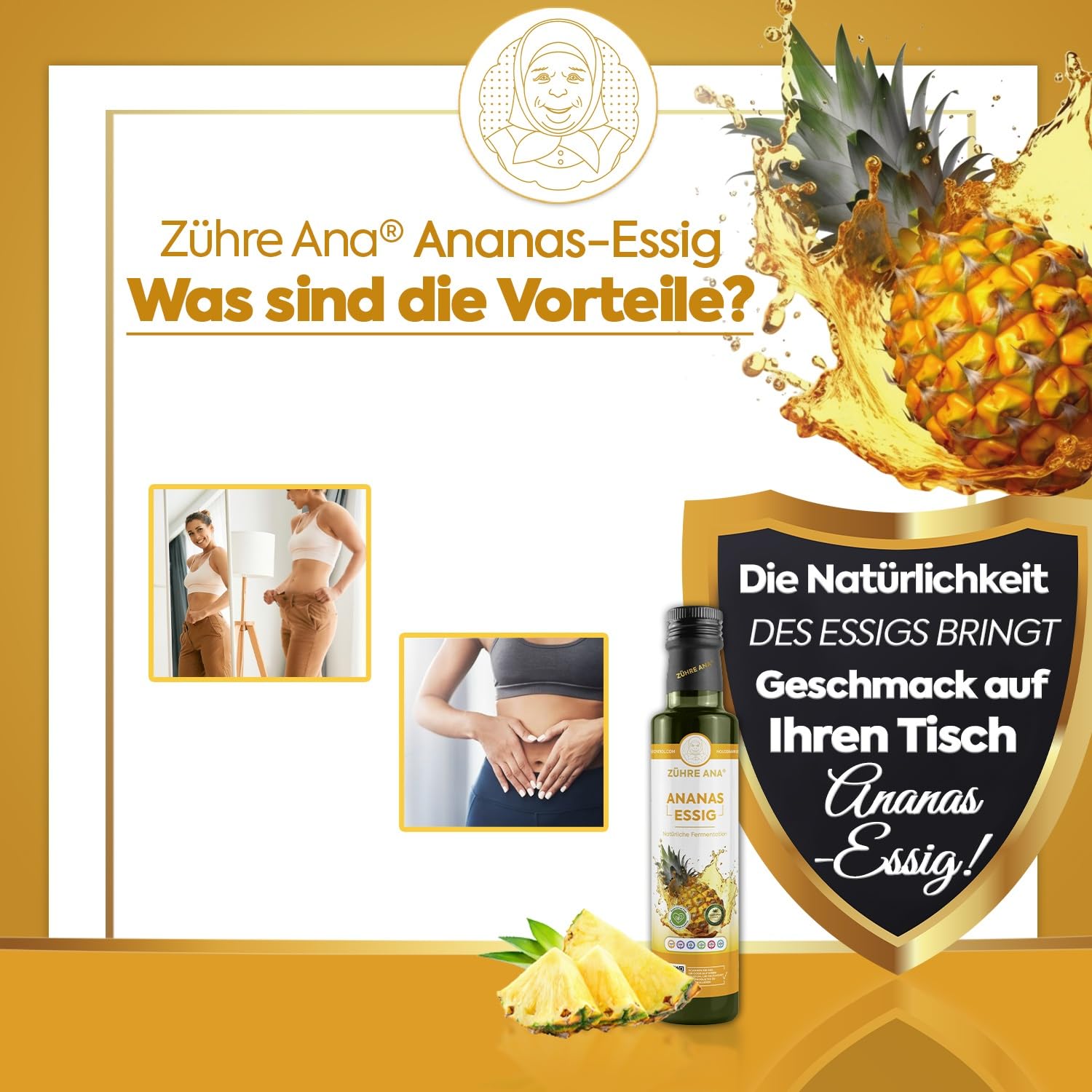 Zühre Ana Vinaigre Ananas - Fermenté naturellement - Favorise la combustion des graisses et réduit l'appétit - Pour la perte de poids, Détoxification (1000 ml)