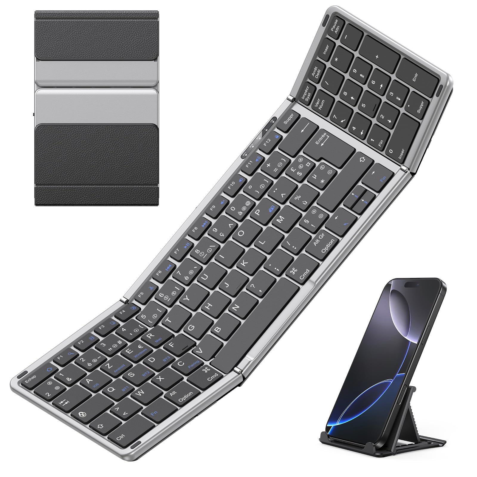 OMOTON Clavier Bluetooth Pliable avec Pavé Numérique, Clavier sans Fil AZERTY Rechargeable, Pleine-Taille, Portable Keyboard pour Android Windows iOS Mac iPad Tablette PC, Gris sidéral | Rechargeable, Multi-appareils, Portable, 60h Autonomie, Support inté