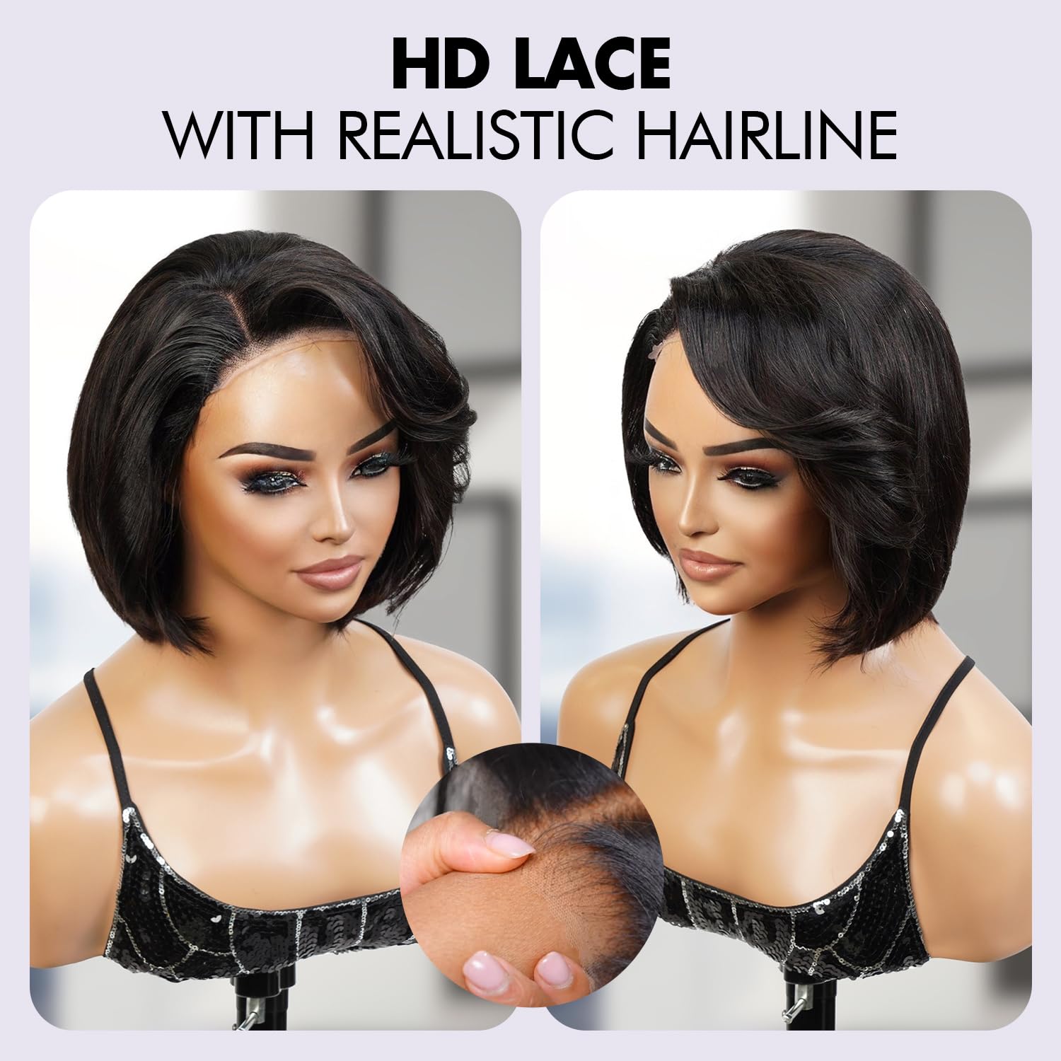 GLAM21USA Human Hair Wear and Go Pre Cut Pre Plucked Glueless 5x5 Lace Wig Pixie Bob Natural 10 Inch
