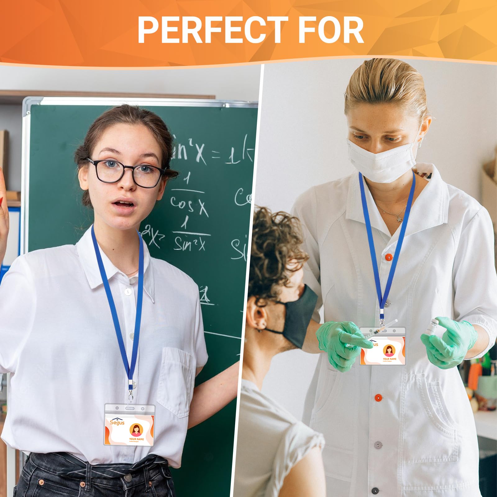 Segus Acreditaciones Colgantes, 20 Piezas Lanyard Azul con Fundas Tarjetas Identificativas, Transparente e Impermeable, Cinta Cuello Llaves para Profesores, Enfermeras y Estudiantes (Horizontal)
