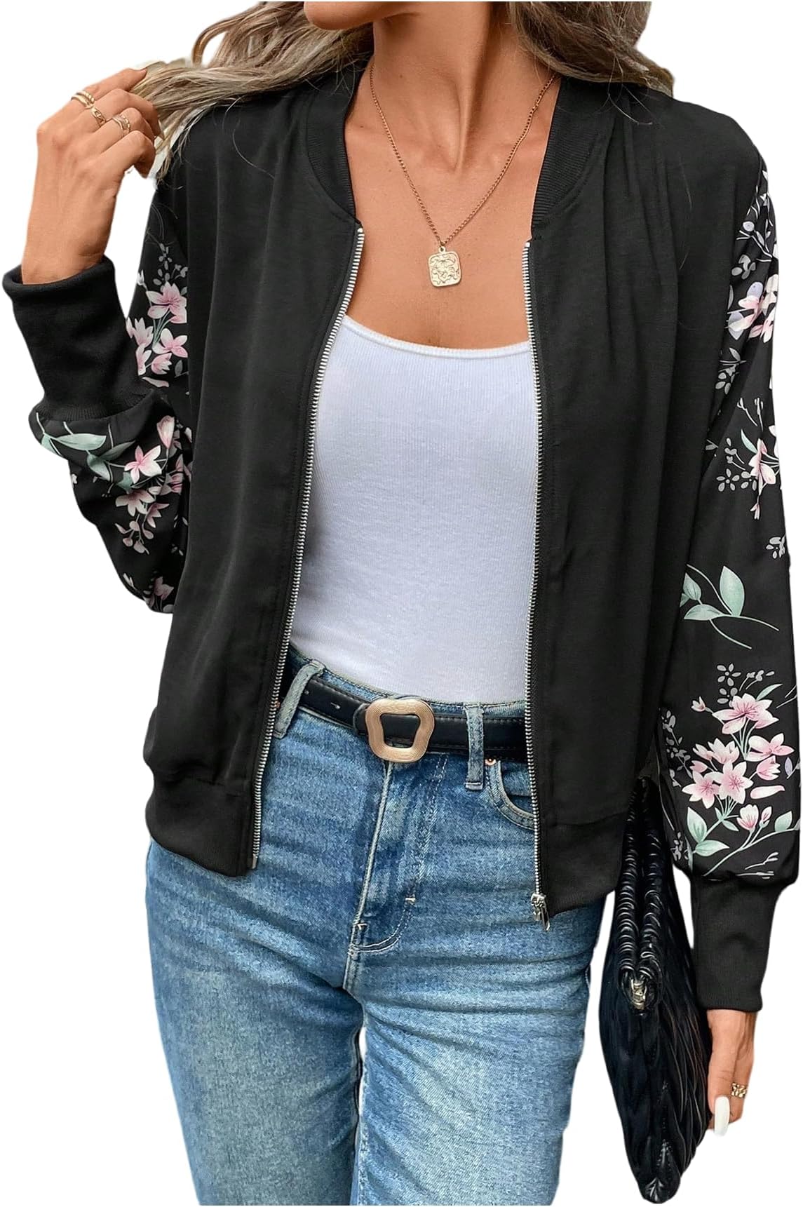 Women's Floral Print Zip Up Bomber Jacket Baseball Collar Long Sleeve Coat Outerwear
