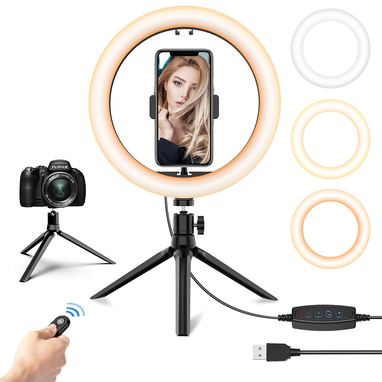 10.2'' Selfie Ring Light with Tripod Stand & Phone Holder - Upgraded Dimmable Camera Ring Light with Makeup Mirror for TikTok/YouTube/Live Stream/Makeup/Photography Compatible with iPhone Android