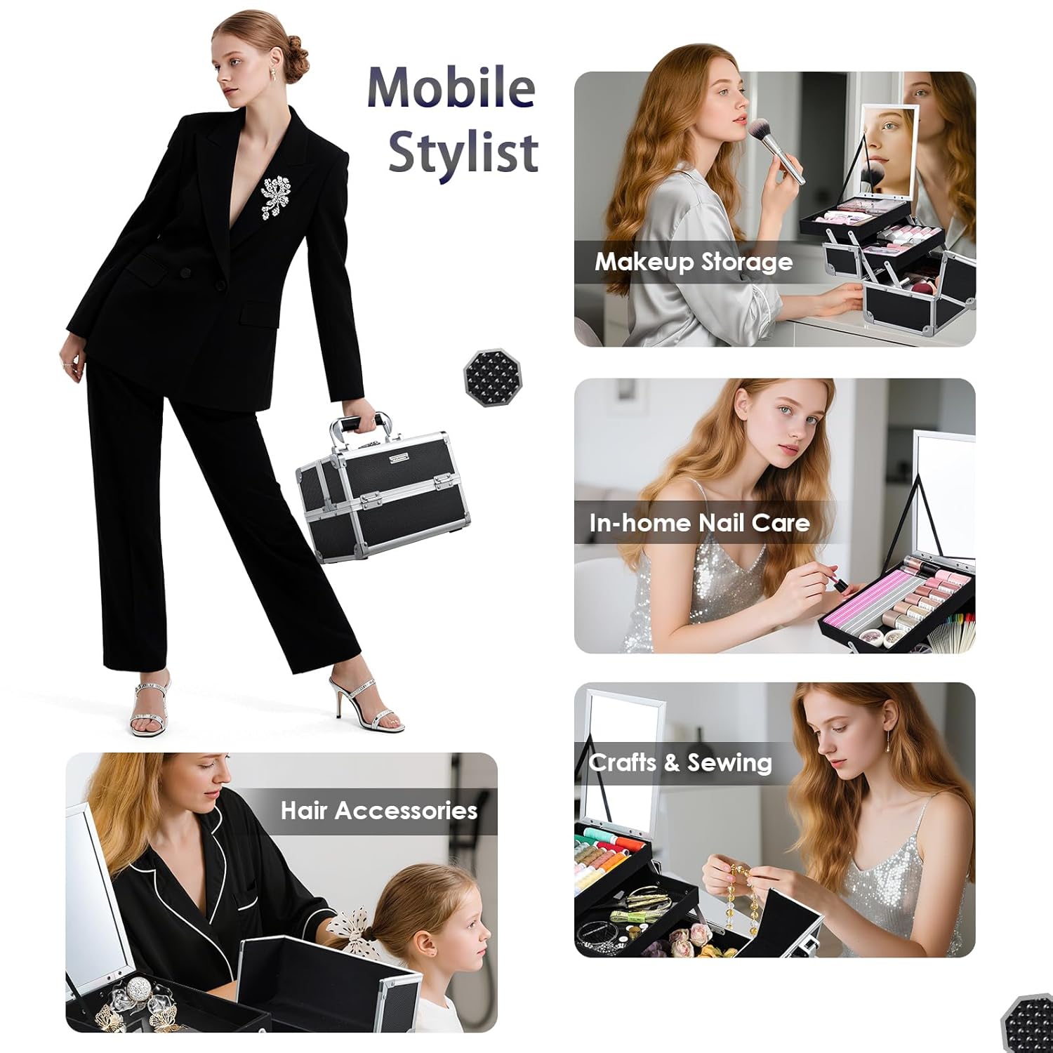 FRENESSA Makeup Case Organizer Cosmetic Box Storage Portable Makeup Train Case with Mirror 2 Trays Travel Vanity Box for Cosmetics Nail Kits Craft Tools Case Aluminum Hard Make Up Organizer Black - Image 7