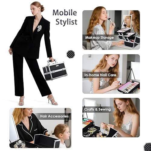 Miniatura 7 de Frenessa Estuche de maquillaje portátil, caja de cosméticos, kit de almacenamiento de uñas para niñas, tecnología de uñas, manualidades, 2 bandejas