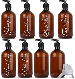 [8 Pack] Plastic Amber Bottles with Pump & Funnel for Easy Refill - 16oz Pump Bottle - Shower Bottles Refillable with Labels - Body Wash Dispenser - Shower Containers for Shampoo, Conditioner and Soap