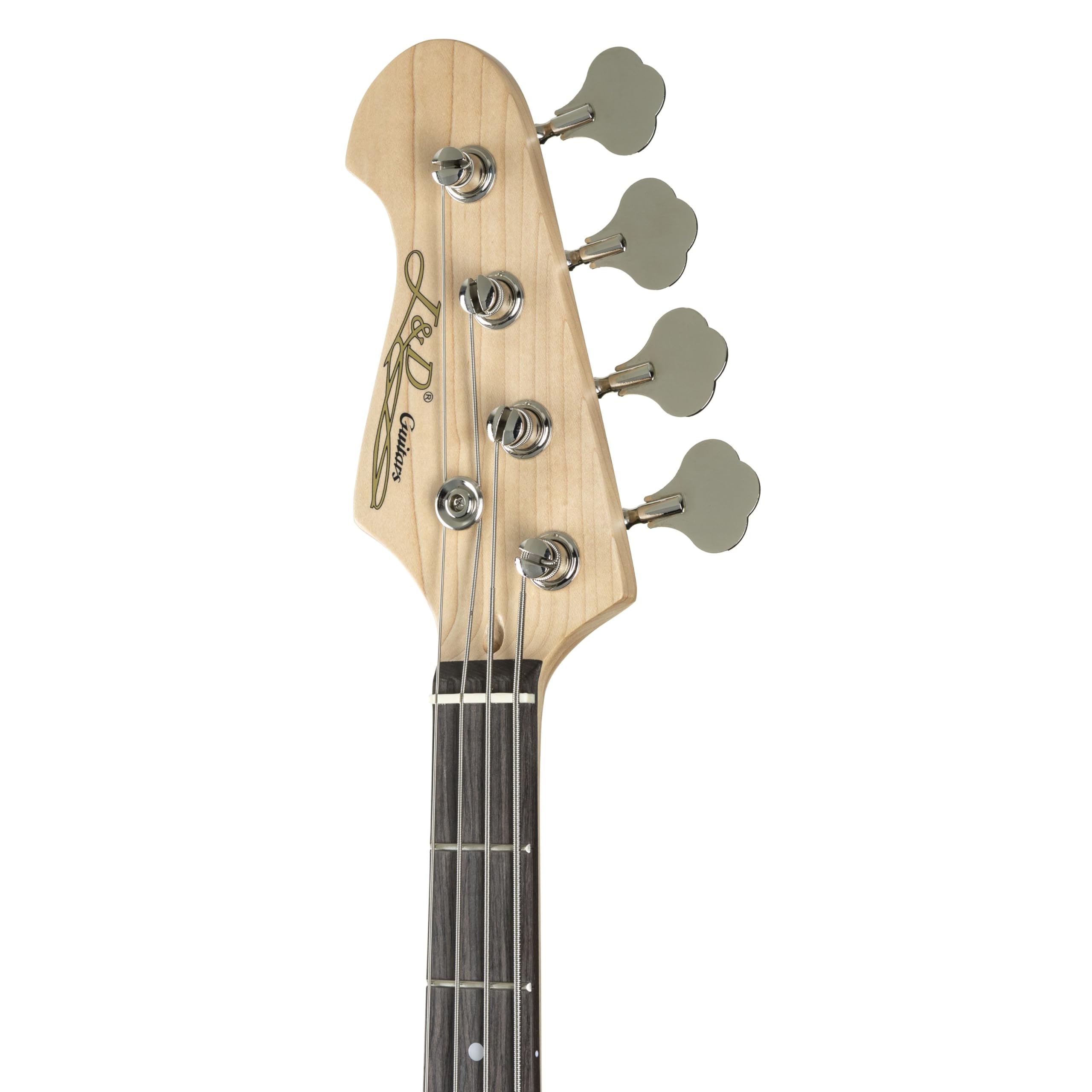 J & D JB E-Bass für Linkshänder, Bass mit Lindenkorpus und geschraubten Ahonhals in sunburst, Bassgitarre mit 2 Single Coils und Vintage-Style Bridge