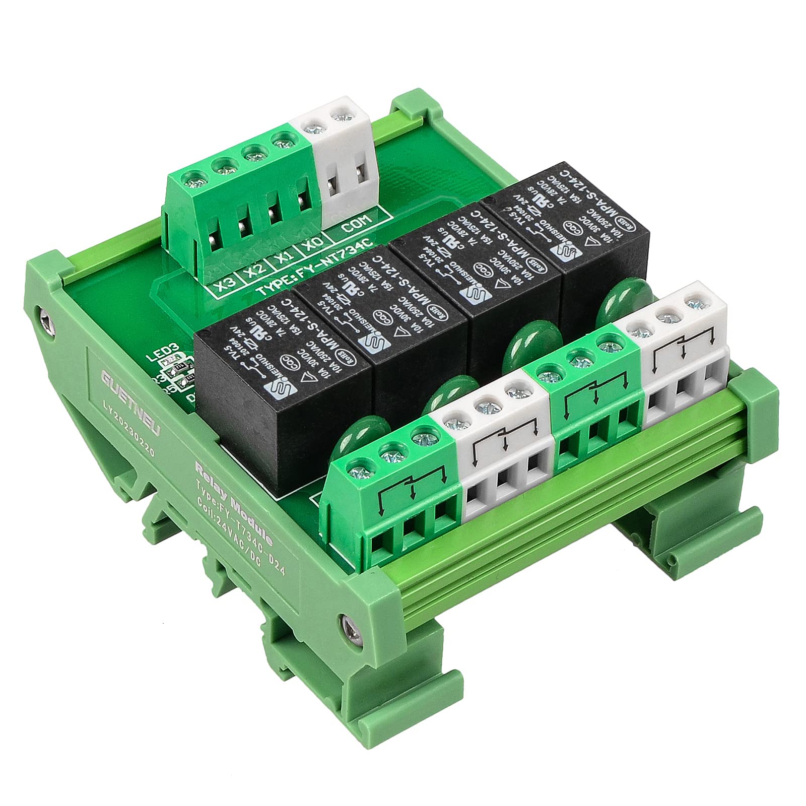 Płyta przekaźnikowa, moduł przekaźnikowy 4-kanałowy, 1 SPDT montaż na szynie DIN 24 V DC/AC, moduł przekaźnika interfejsu (FY-T734C-D24)