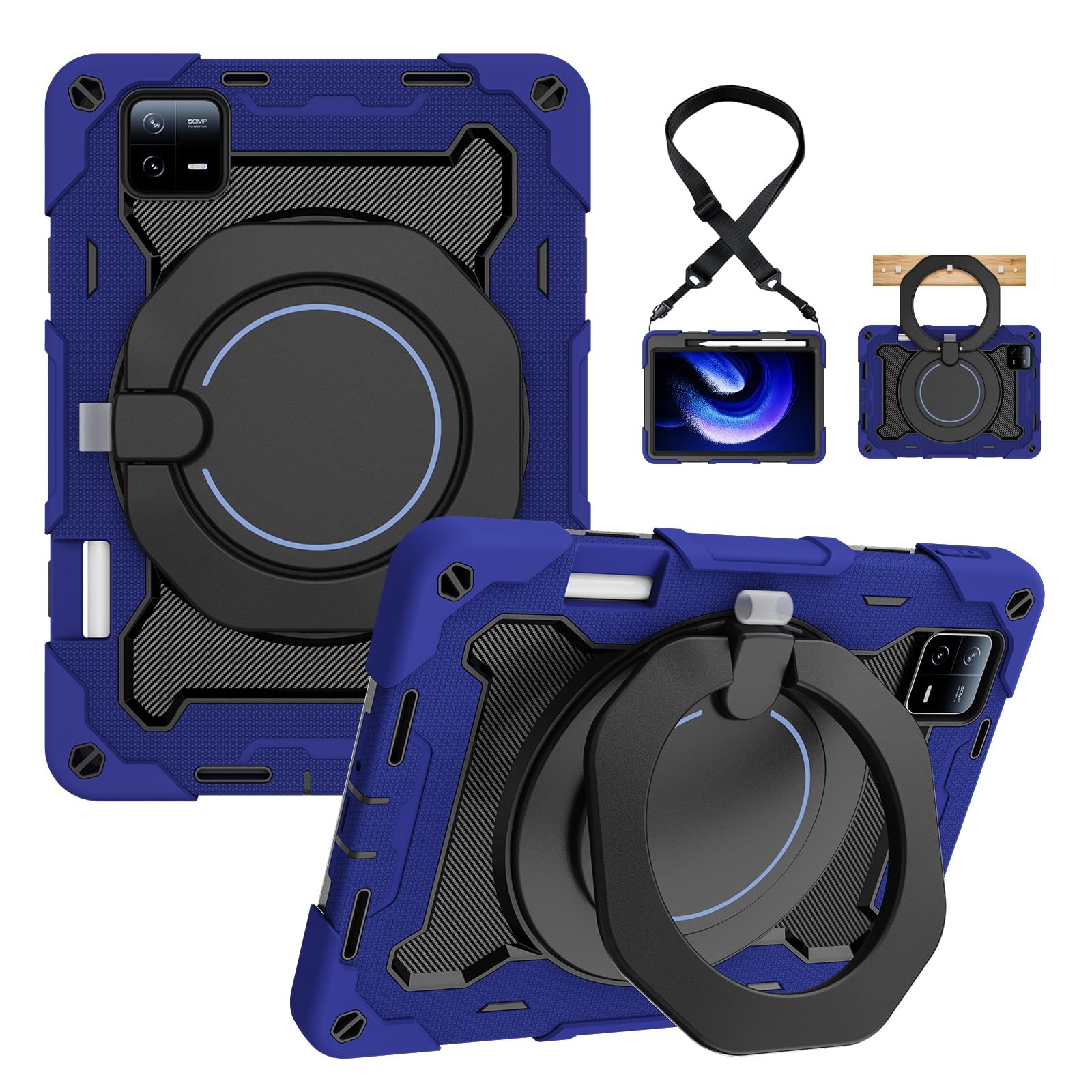 Custodia protettiva resistente per Xiaomi Mi Pad 6/Mi Pad 6 Pro 11" 2023, supporto girevole a 360°, tracolla, portapenne e anello per impugnatura, copertura antiurto per bambini e adulti (blu