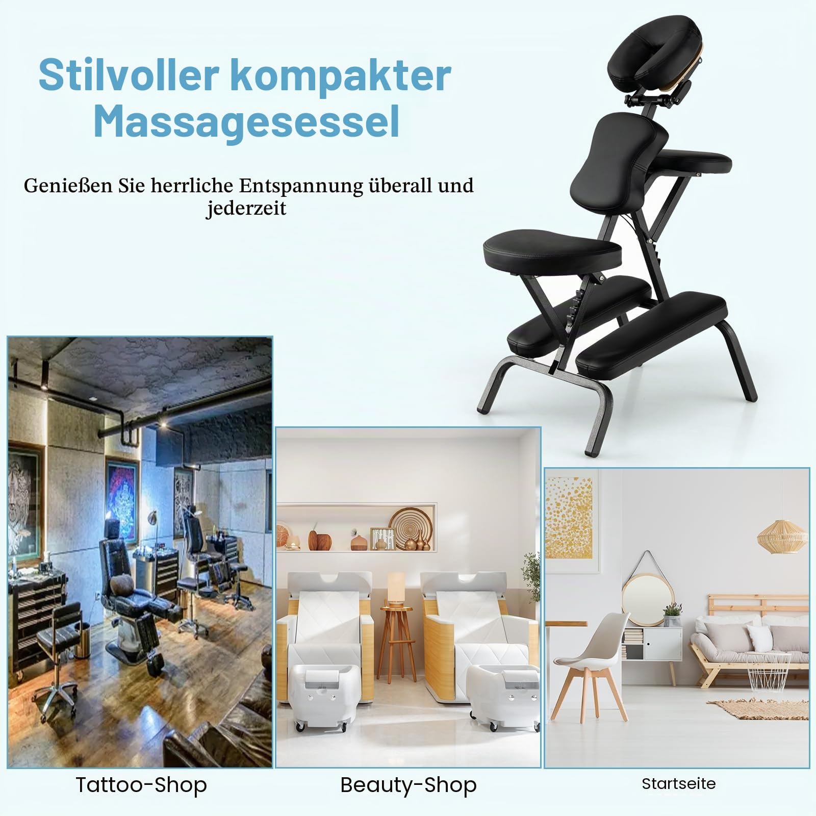 HOMASIS Faltbarer Massagesessel, Massagestuhl 110-120 cm höhenverstellbar, Oxford-Stoff, 55 x 48 x 120 cm Schwarz