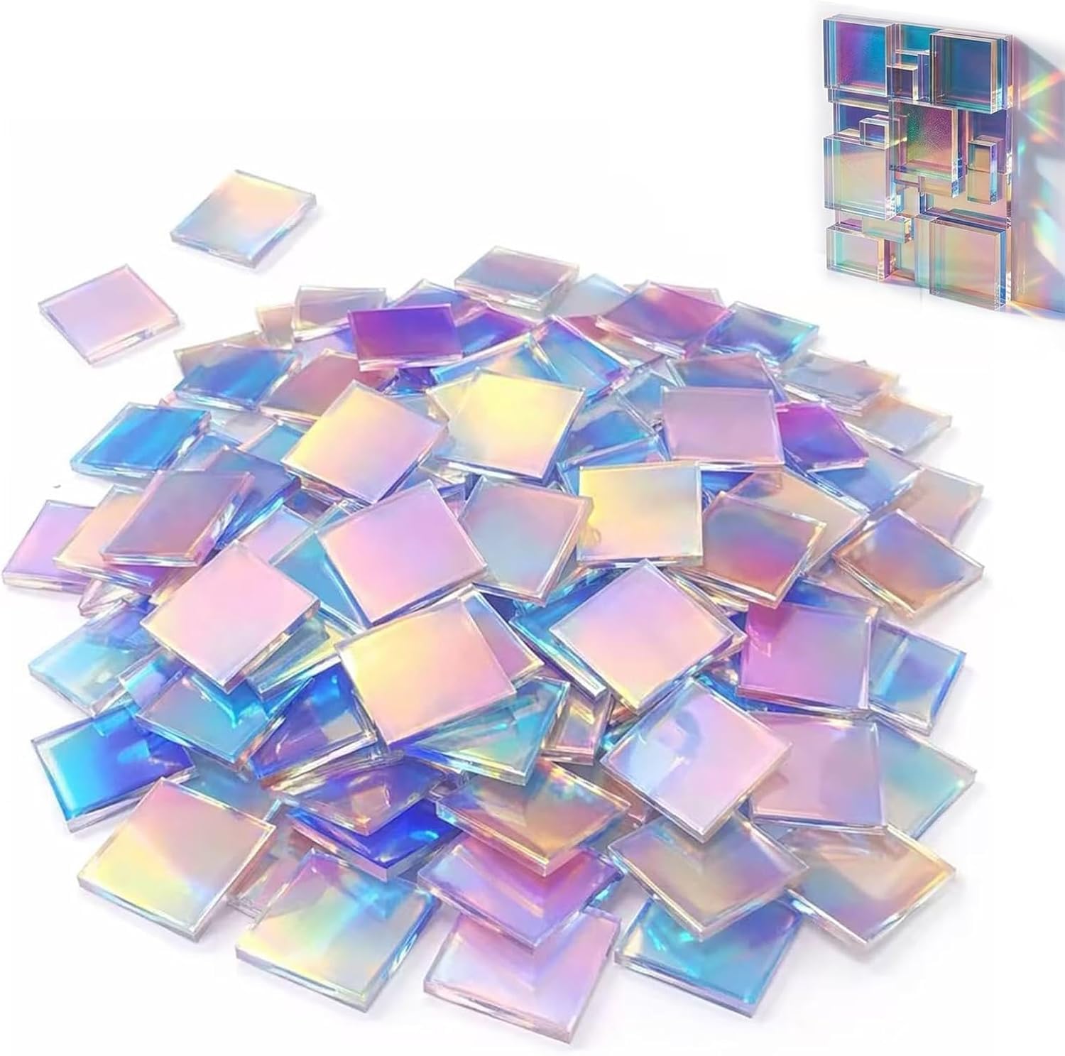100PCS Rainbow Holographic Acryl Mosaiksteine Zum Basteln,2*2CM Irisierende Acrylquadrate, Quadratische Schillerndes Holografische Mosaikfliesen für Teller Bilderrahmen,Blumentöpfe und Dekoration