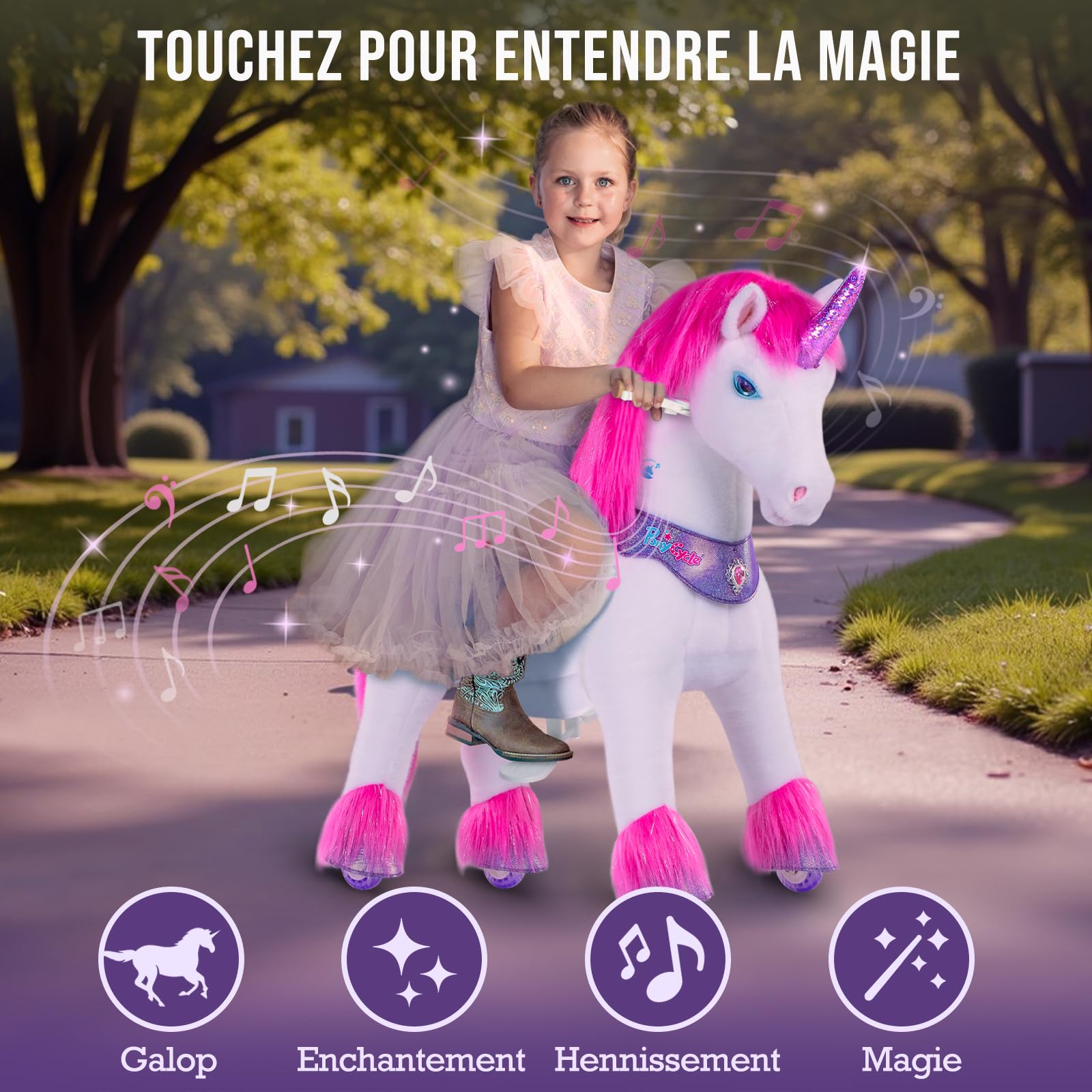 PonyCycle Modèle Y Avancé Licorne à Monter avec Sons Magiques pour Enfants 4-7 Ans, Licorne Rose en Peluche à Roues avec Frein, Jouet Mécanique pour Anniversaire des Filles - Y452
