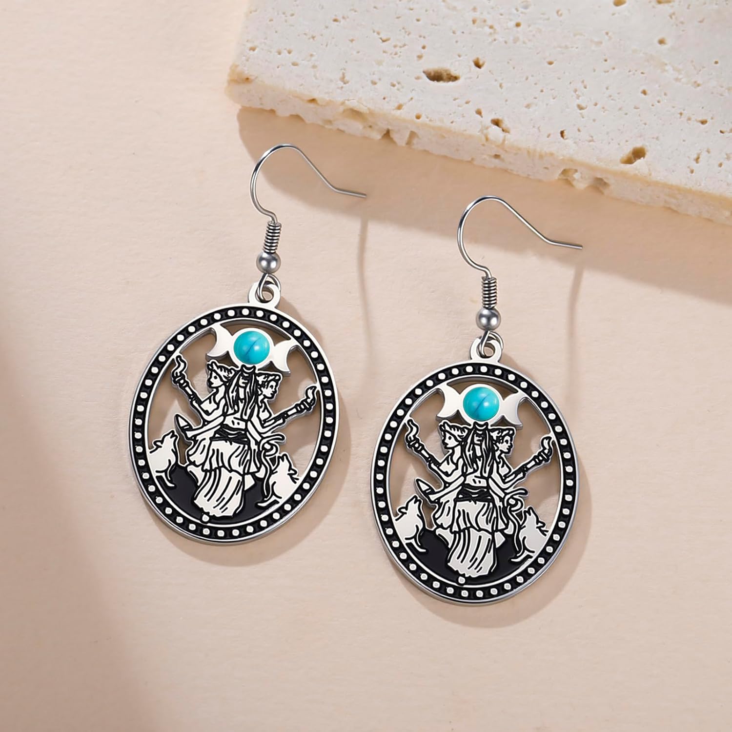 Hecate Earrings for Women Stainless Steel Triple Moon Goddess Dangle Earring Wicca Amulet Pagan Witchy Jewelry Gifts - Image 3