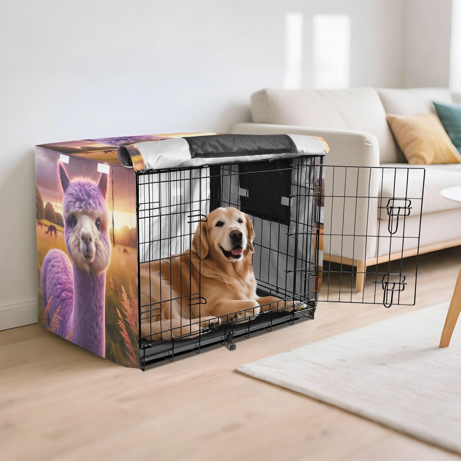 Purple Alpaca Dog Crate Covers Fixed Buckle at Bottom, Pet Kennel Cover with Mesh Windows, Large