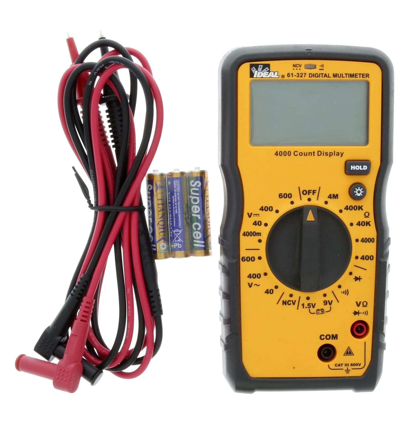 Multimeter with test leads and batteries