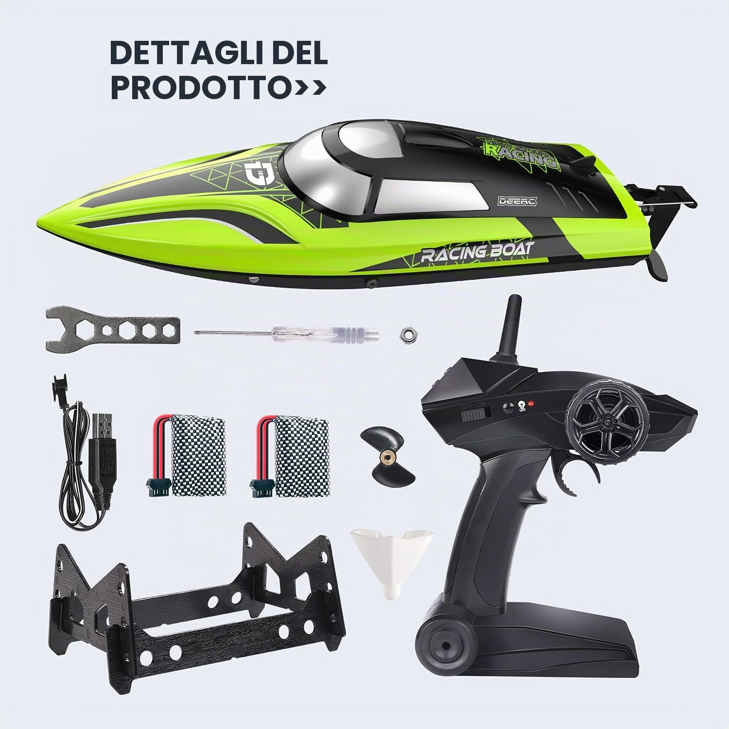 DEERC Barca RC con Luce LED, 30+ Minuti, Barca Telecomandata Auto-Raddrizzante per Piscine e Laghi, 20+ MPH, Barche da Corsa 2,4GHz, 2 Batterie, Giocattoli per Piscina per Bambini, Imbarcazione