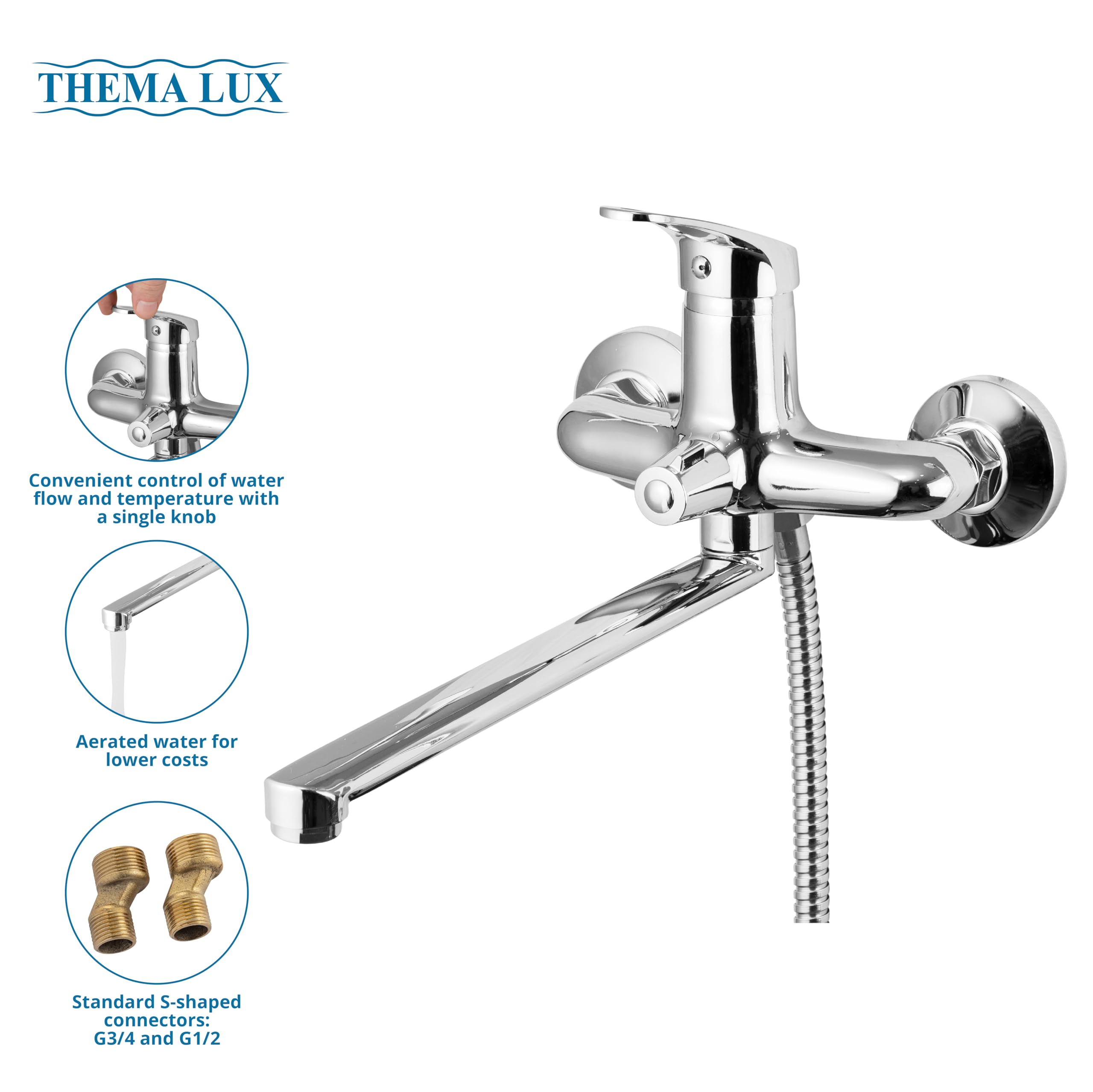 Rubinetto Vasca da Bagno con Doccetta, Tubo e Supporto | Miscelatore Doccia - Design Classico ed Elegante | Rubinetto Doccia con Rivestimento Cromato | Miscelatore per Doccia - 30cm