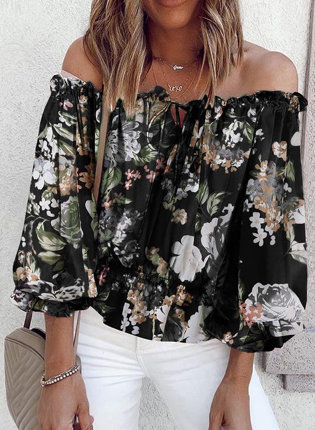 BLENCOT Summer Sexy Off Shoulder Tops for Women Boho Ruffle Sleeve Floral Chiffon Shirts Blouses - Image 3