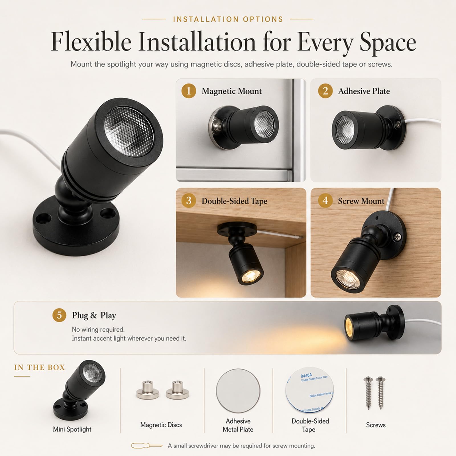 Monsing Focos LED para uso en interiores, iluminación para armarios, luces para cuadros, luces de acento, mini foco LED giratorio de 1 W para armarios, pasillos, galerías, tiendas, joyeros