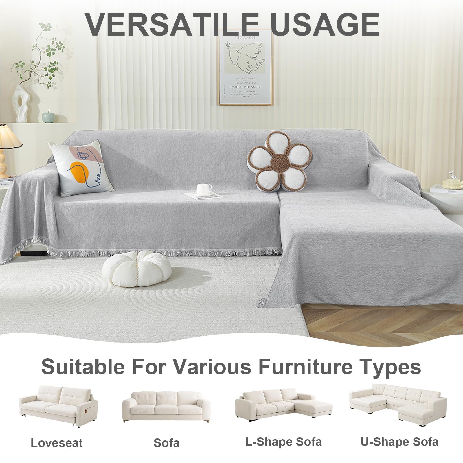 OstepDecor Sofa Überzug Chenille Sofabezug, Couch Überzug 1/2/3/4 Sitzer, Kratzfest Hund Katze Sofa Cover, rutschfest und babyfreundlich, Sofaüberwurf (Reines-Grau 180 x 260 cm)
