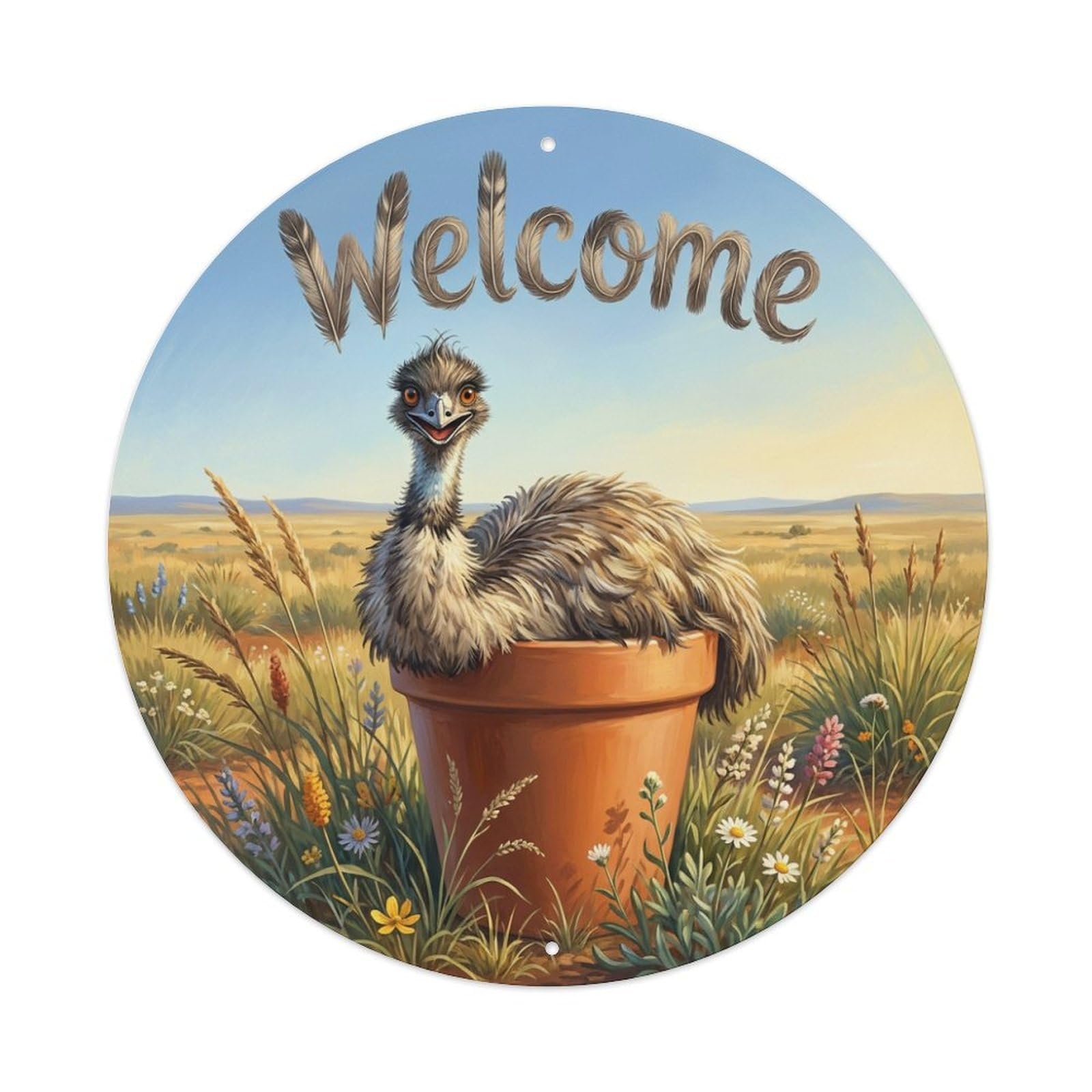 Metal Tin Sign Welcome Emu Grassland Sky