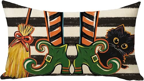 Funda de almohada decorativa lumbar con zapatos de bruja de Halloween, 12 x 20 pulgadas, diseño rectangular de rayas de escoba de gato negro,