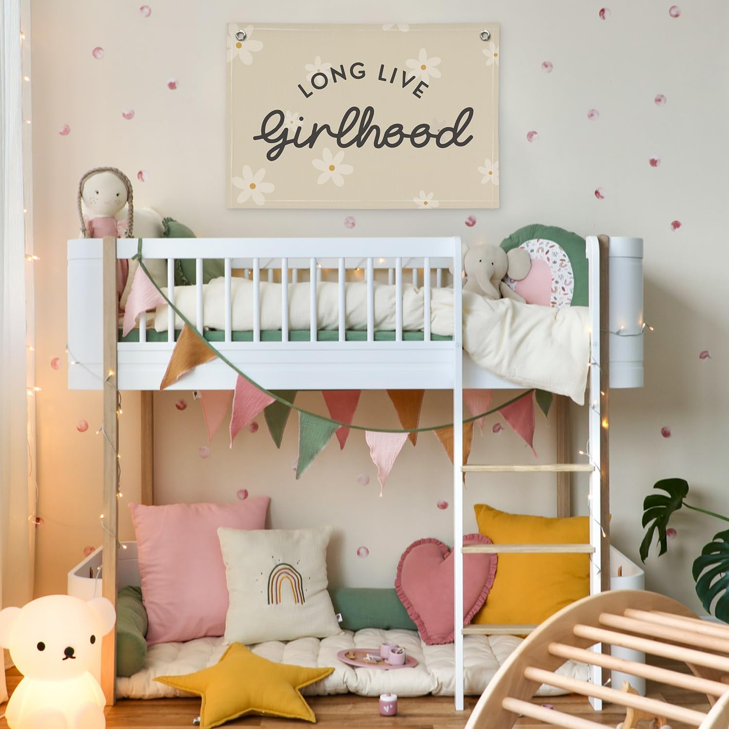Boho Girls Room Decor，Long Live Girlhood Linen Banner Hanging Flag Flower Daisy Banner for Nursery Playroom Wall Decor Kids Bedroom Dorm Toddler Decorations Trendy Room 30x20 girlroom image 5