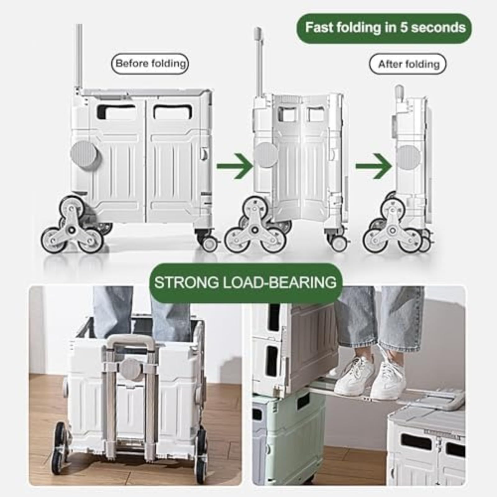 Caisse pliante à roulettes, boîte de rangement pour escalier 75 L, design à 8 roues, pliage rapide à plat, tige de traction réglable en hauteur, couvercle rabattable scellé