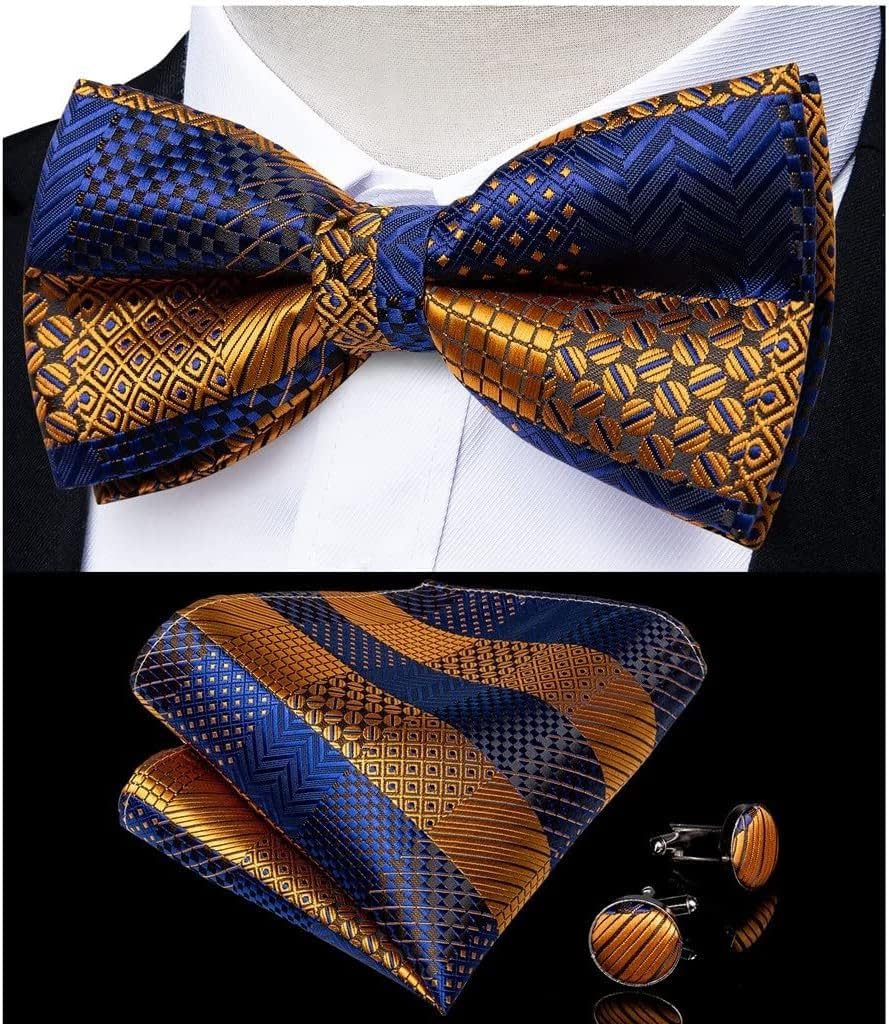 Mens Ties, Men's Cummerbunds Orange Blue Striped Silk Bow Tie Set Pocket Square Brooch Chain Wedding Party Tuxedo