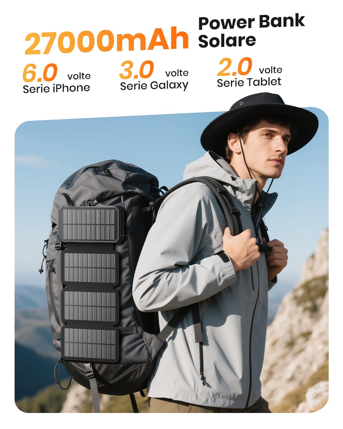 SOARAISE-Caricatore-Solare-Power-Bank-27000mAh - Impermeabile Caricabatterie Solare con 4 Cavi & 4 Pannelli Solares, PD QC 3.0 USB C Ricarica Rapida Batteria Esterna per Telefono (Arancione)