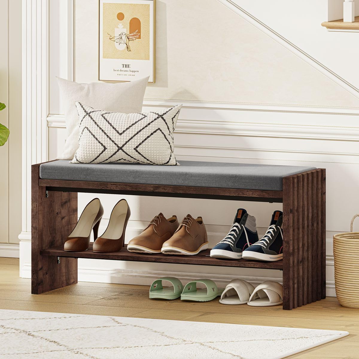 BON AUGURE 40" Storage Bench with Plush Cushion & 2-Tier Organizer, Modern Entryway Ottoman Bench for Hallway, Mudroom, Bedroom (Rustic Oak)